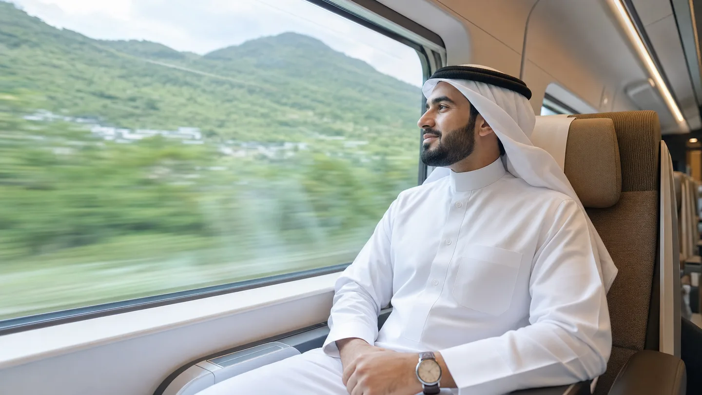 A Muslim traveller enjoys the view from a high-speed train in China