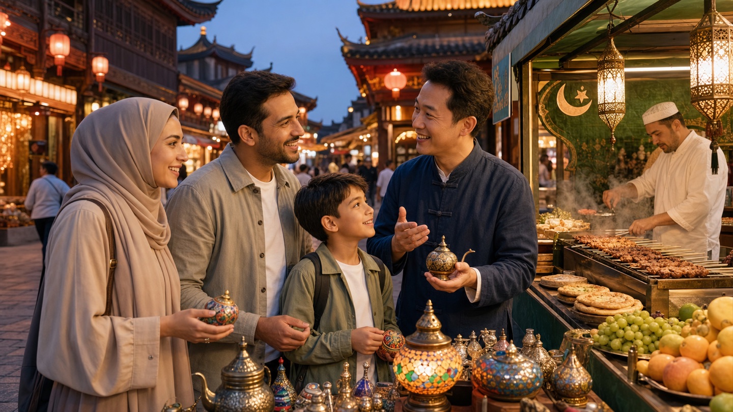 A Muslim family with a child explores a halal-friendly evening market in China with a local guide