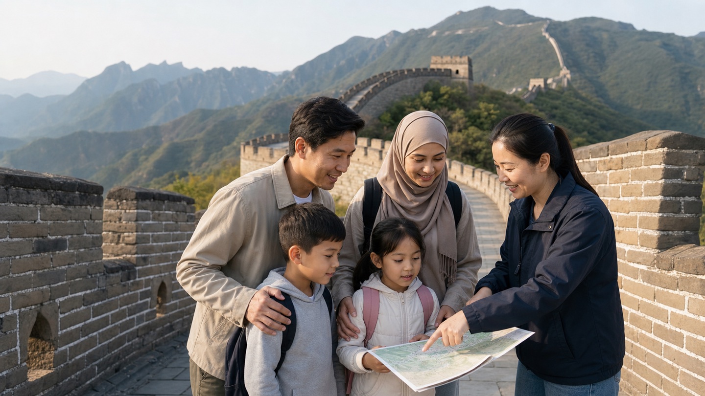 A Muslim family with two children reviews a Great Wall route with a Chinese private guide