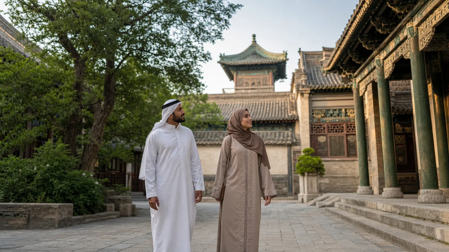 A Muslim couple visits the traditional courtyard of the Great Mosque of Xi’an