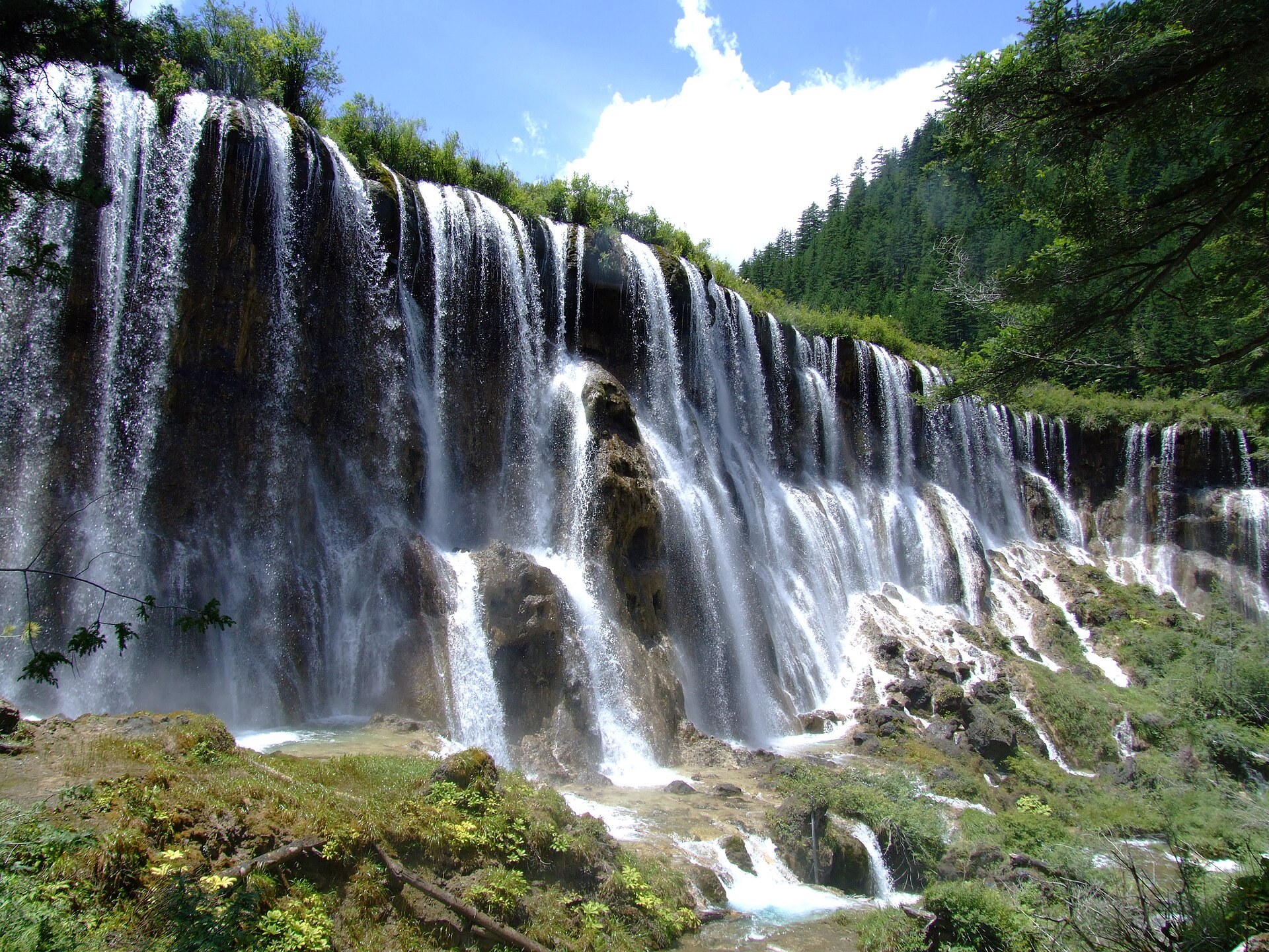 Multiple white cascades spread across the broad rock face of Nuorilang Waterfall in Jiuzhaigou in July 2006.