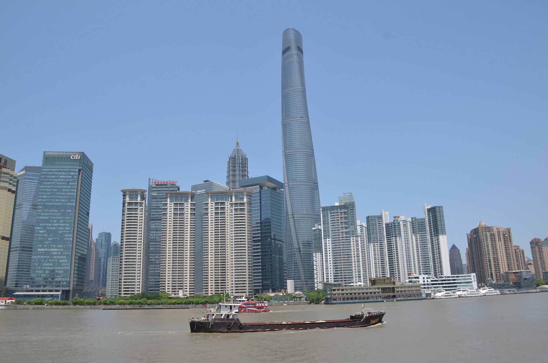 The Pudong skyline across the Huangpu River, photographed from a Shanghai cruise boat in May 2017.