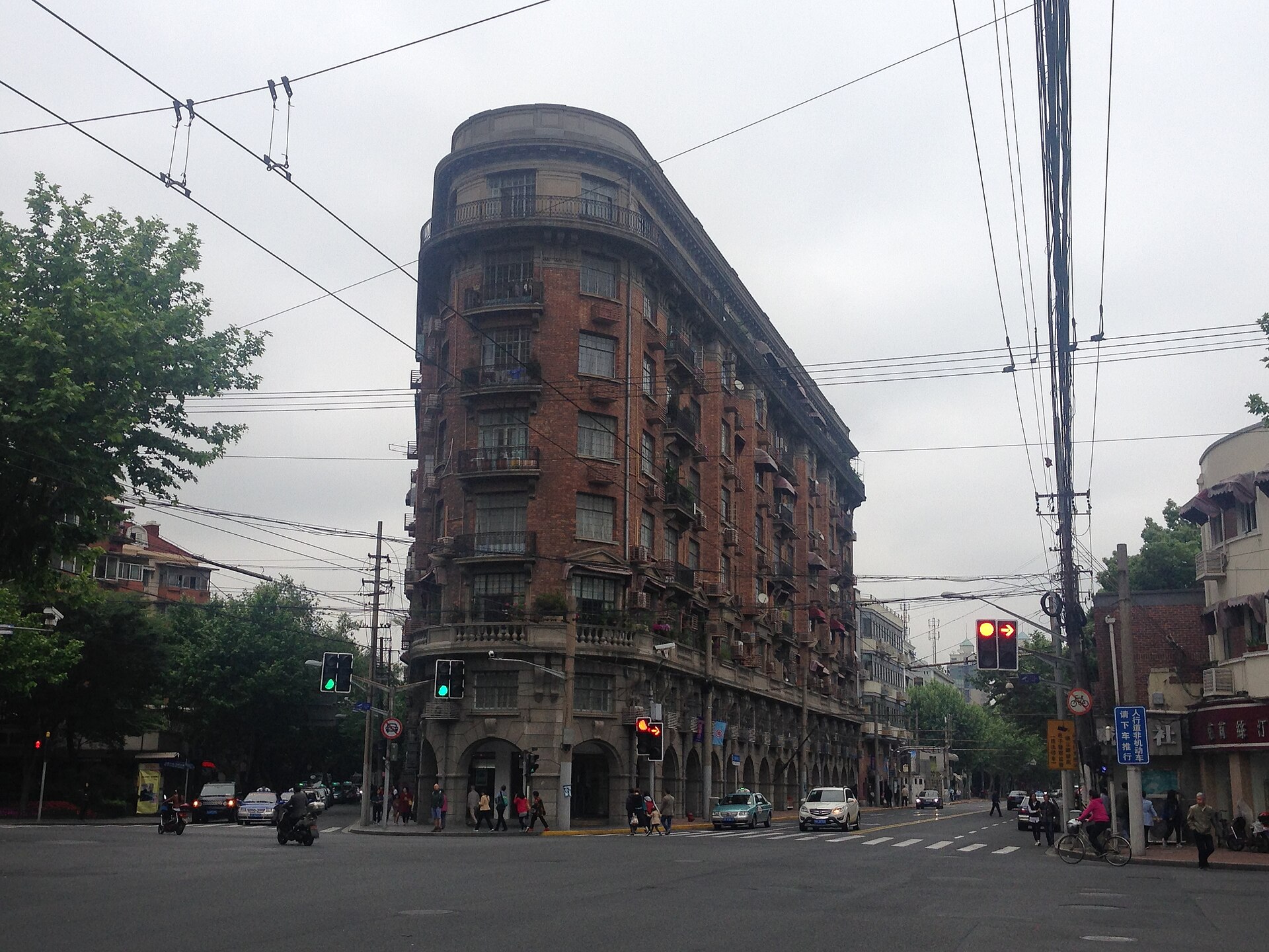Wukang Mansion and its surrounding street intersection in Shanghai in May 2016.