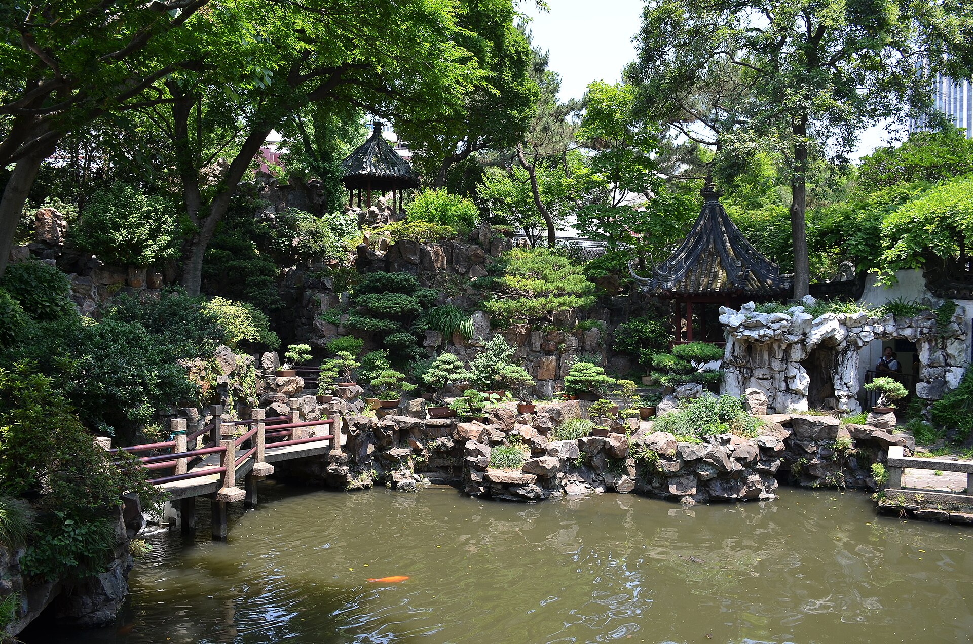 The Huge Rockery, pond and pavilion inside Yu Garden in Shanghai in May 2017.