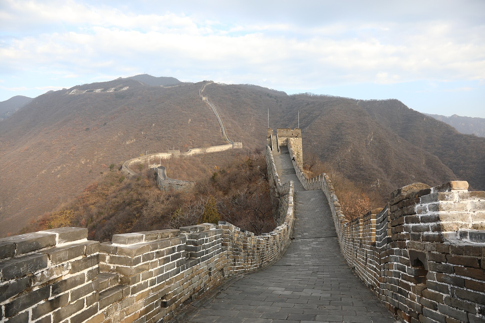 Restored wall and watchtowers crossing forested ridges at Mutianyu Great Wall in November 2024.